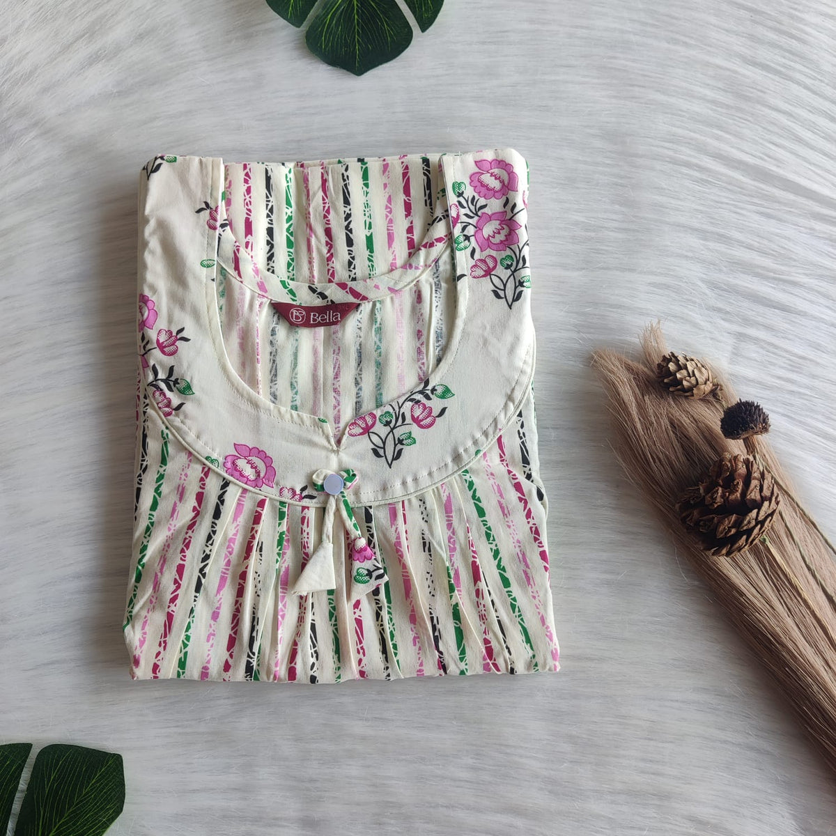 Pink And Green Stripes Printed Ivory Premium Cotton No Zip Pleated Nighty | Free Size | Chest Width 44″| Length 55″-56″