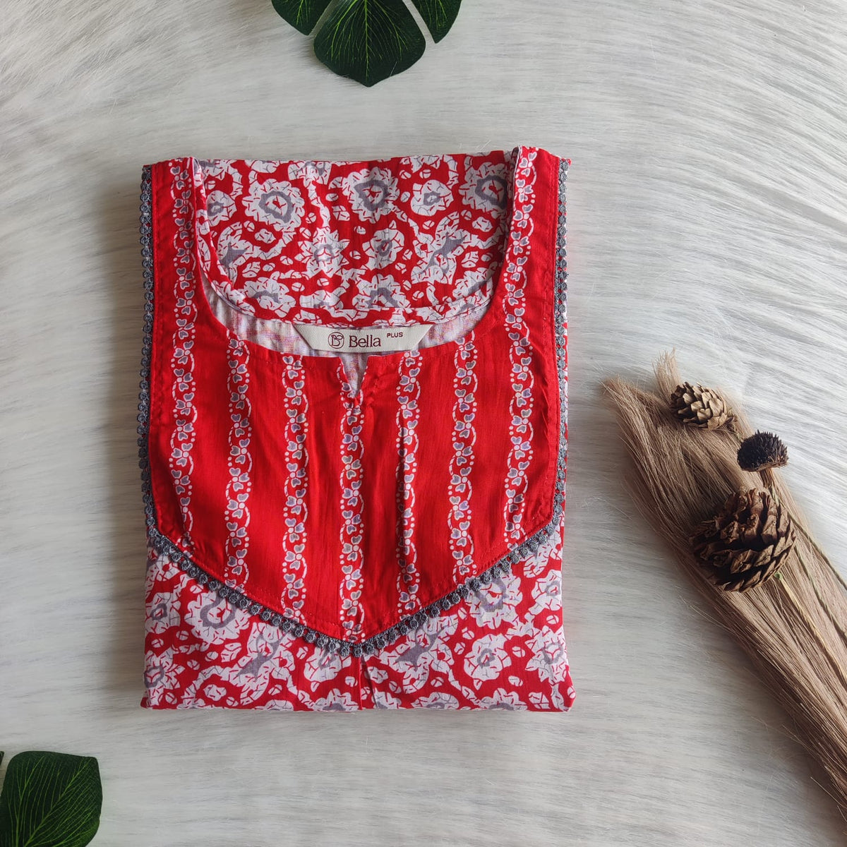 Red And Grey Floral Printed Premium Cotton Plus Size Mix N Match Lace Pocket Nighty | Chest Width 50″| Length 56″