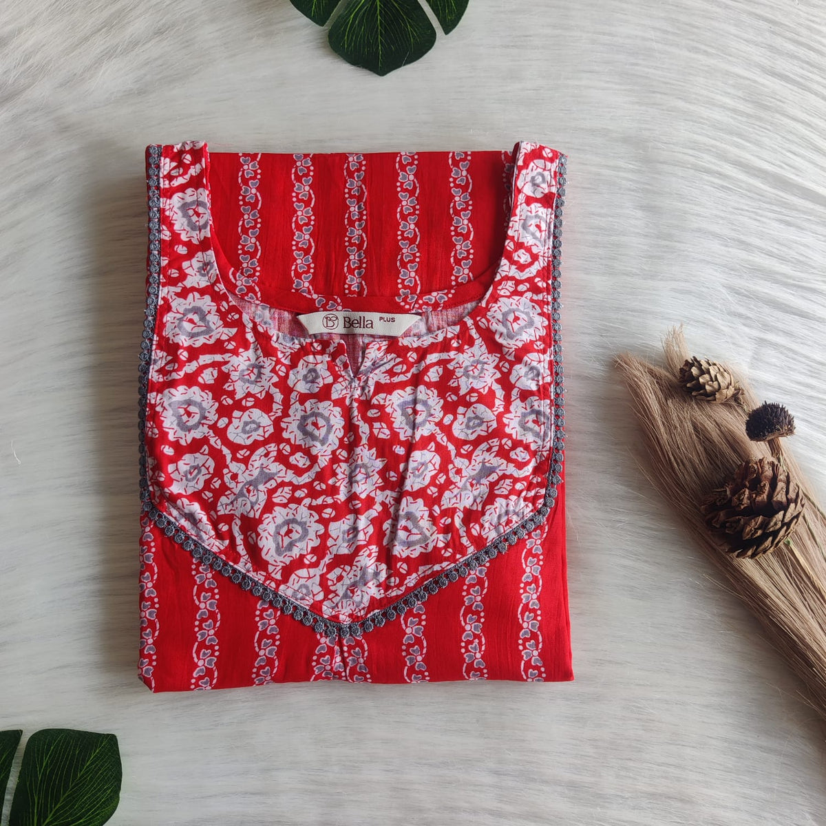 Grey And Red Printed Premium Cotton Plus Size Mix N Match Lace Pocket Nighty | Chest Width 50″| Length 56″