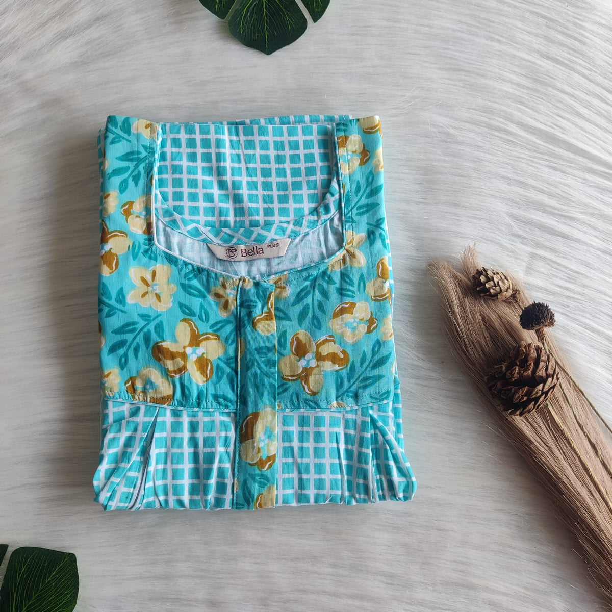 Yellow And Blue Check Printed Premium Cotton Plus Size Pleated Vertical Zip Feeding Nighty | Chest Width 50″| Length 56″