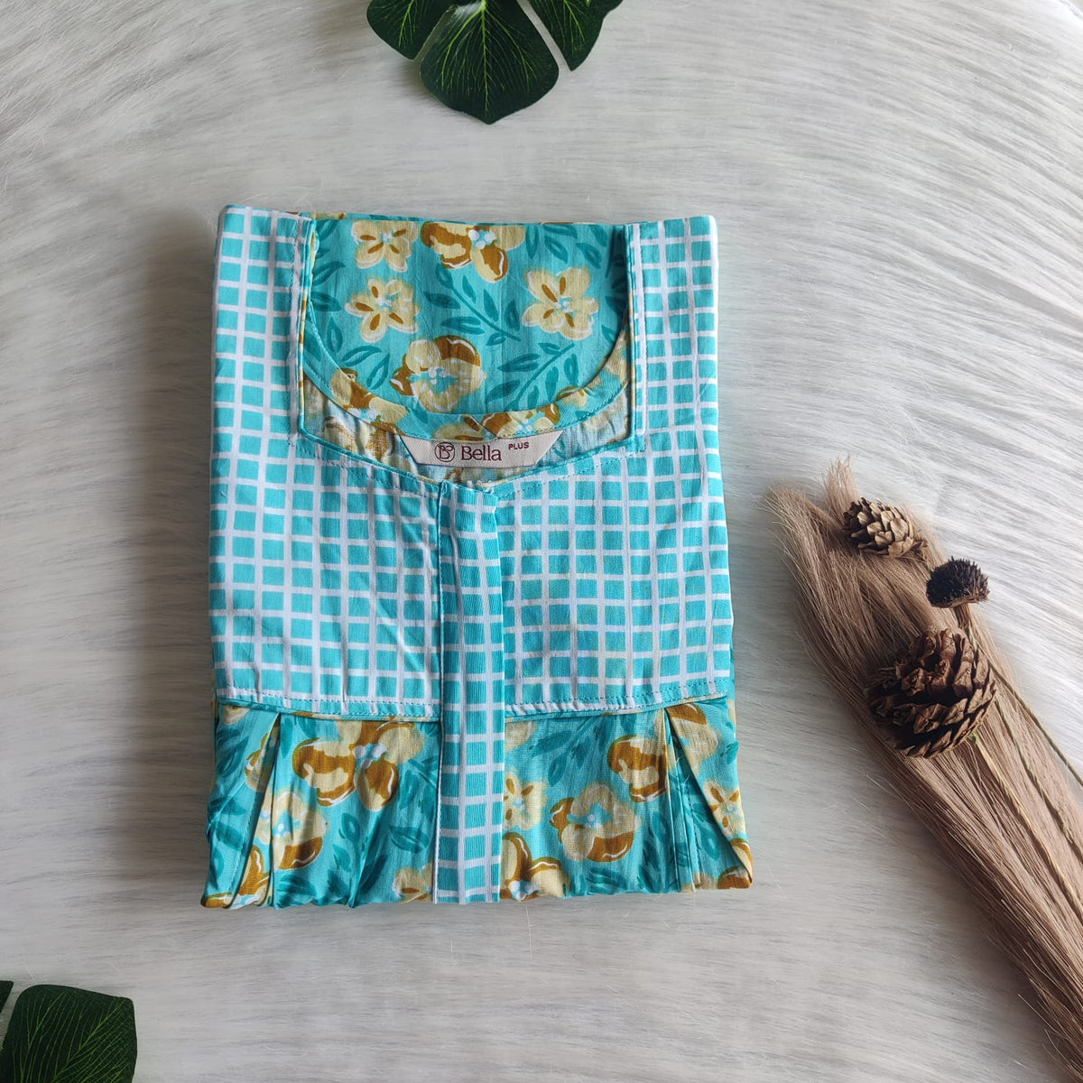 Blue And Yellow Floral Printed Premium Cotton Plus Size Pleated Vertical Zip Feeding Nighty | Chest Width 50″| Length 56″