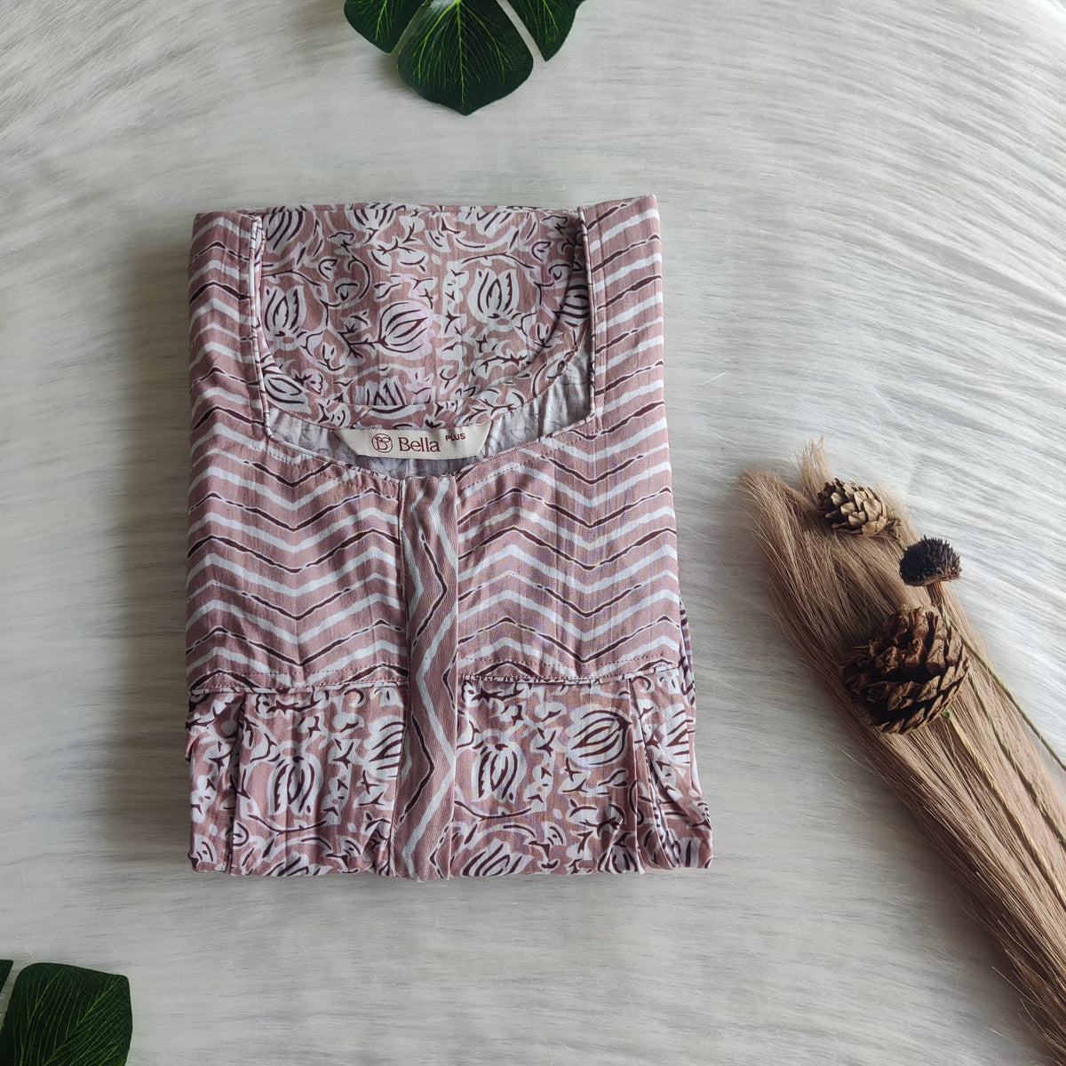 Pastel Brown And White Floral Printed Premium Cotton Plus Size Pleated Vertical Zip Feeding Nighty | Chest Width 50″| Length 56″