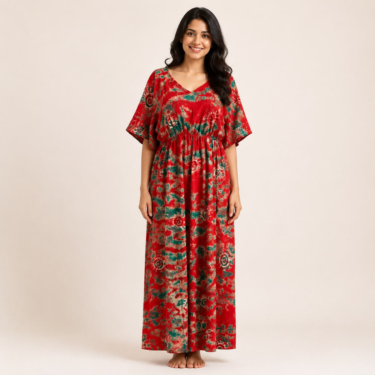 Red Batik Printed Rayon Feeding Kaftan | Free Size | Chest Width 44″| Length 56″