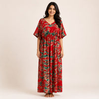 Red Batik Printed Rayon Feeding Kaftan | Free Size | Chest Width 44″| Length 56″