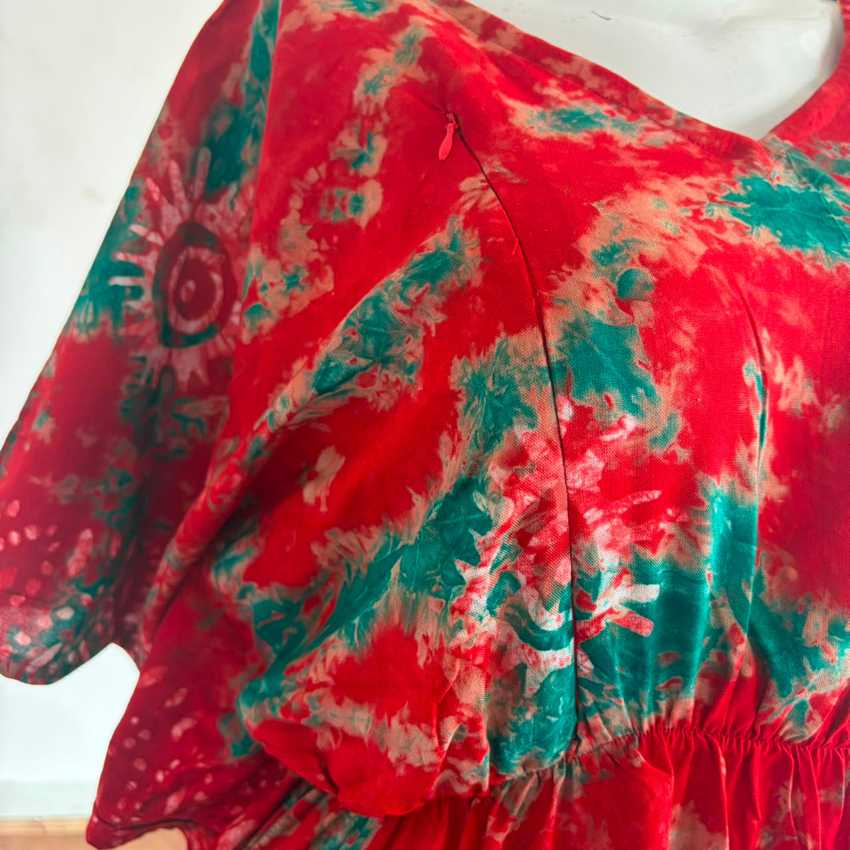 Red Batik Printed Rayon Feeding Kaftan | Free Size | Chest Width 44″| Length 56″