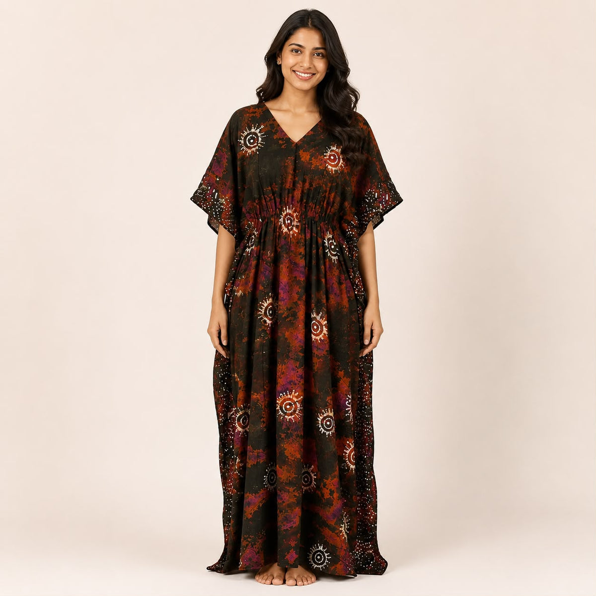 Dark Green Batik Printed Rayon Feeding Kaftan | Free Size | Chest Width 44″| Length 56″