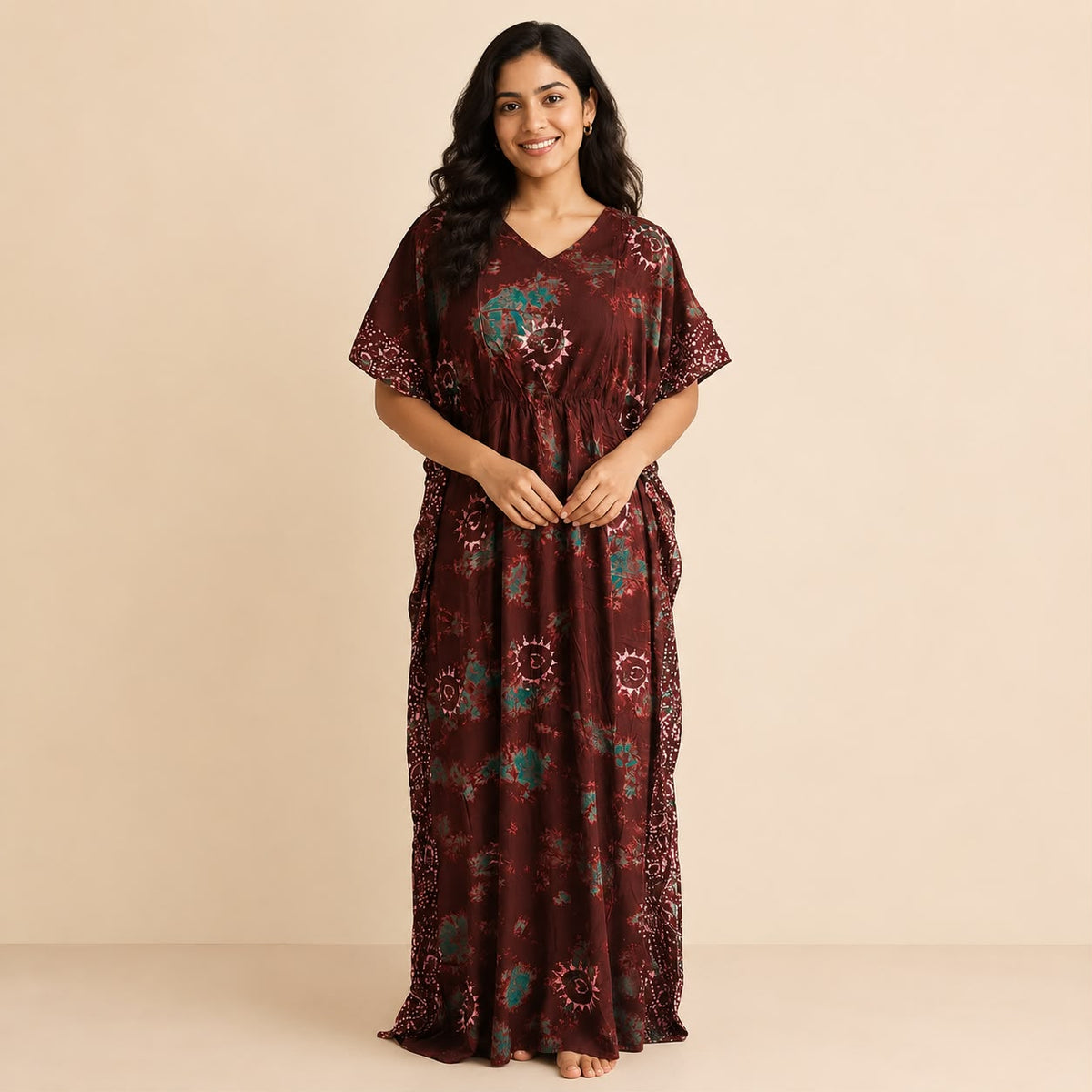 Brown Batik Printed Rayon Feeding Kaftan | Free Size | Chest Width 44″| Length 56″