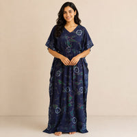 Navy-blue Batik Printed Rayon Feeding Kaftan | Free Size | Chest Width 44″| Length 56″