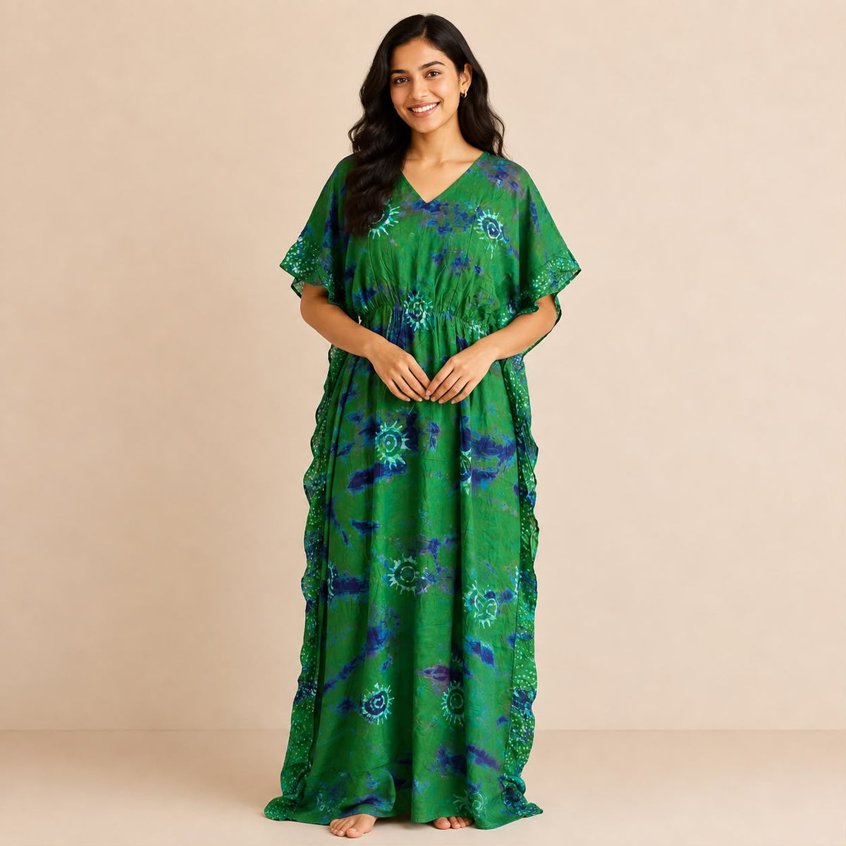 Green Batik Printed Rayon Feeding Kaftan | Free Size | Chest Width 44″| Length 56″