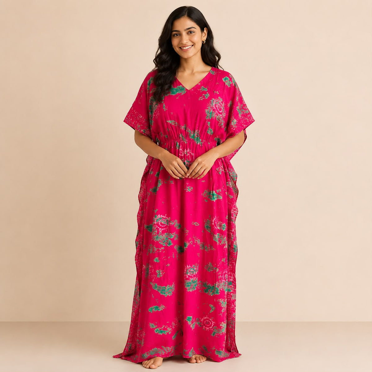 Pink Batik Printed Rayon Feeding Kaftan | Free Size | Chest Width 44″| Length 56″