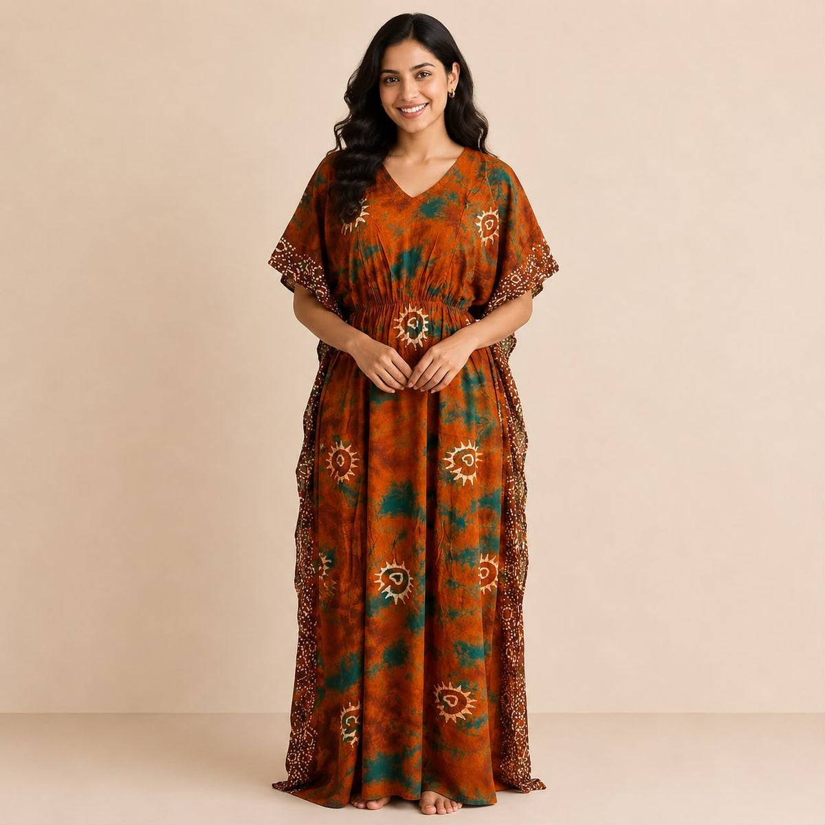 Pale Brown Batik Printed Rayon Feeding Kaftan | Free Size | Chest Width 44″| Length 56″