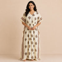 Orange Floral Printed Ivory Premium Cotton Feeding Kaftan | Free Size | Chest Width 44″| Length 56″