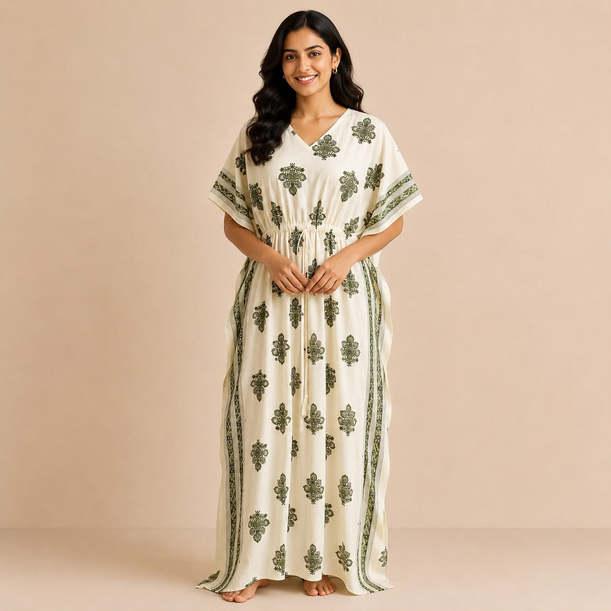 Pale Green Floral Printed Ivory Premium Cotton Feeding Kaftan | Free Size | Chest Width 44″| Length 56″
