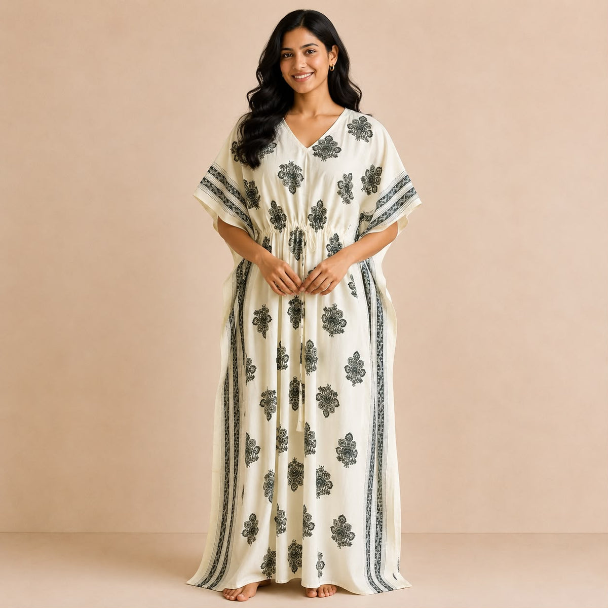 Teal Green Floral Printed Ivory Premium Cotton Feeding Kaftan | Free Size | Chest Width 44″| Length 56″