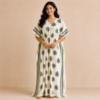 Teal Green Floral Printed Ivory Premium Cotton Feeding Kaftan | Free Size | Chest Width 44″| Length 56″