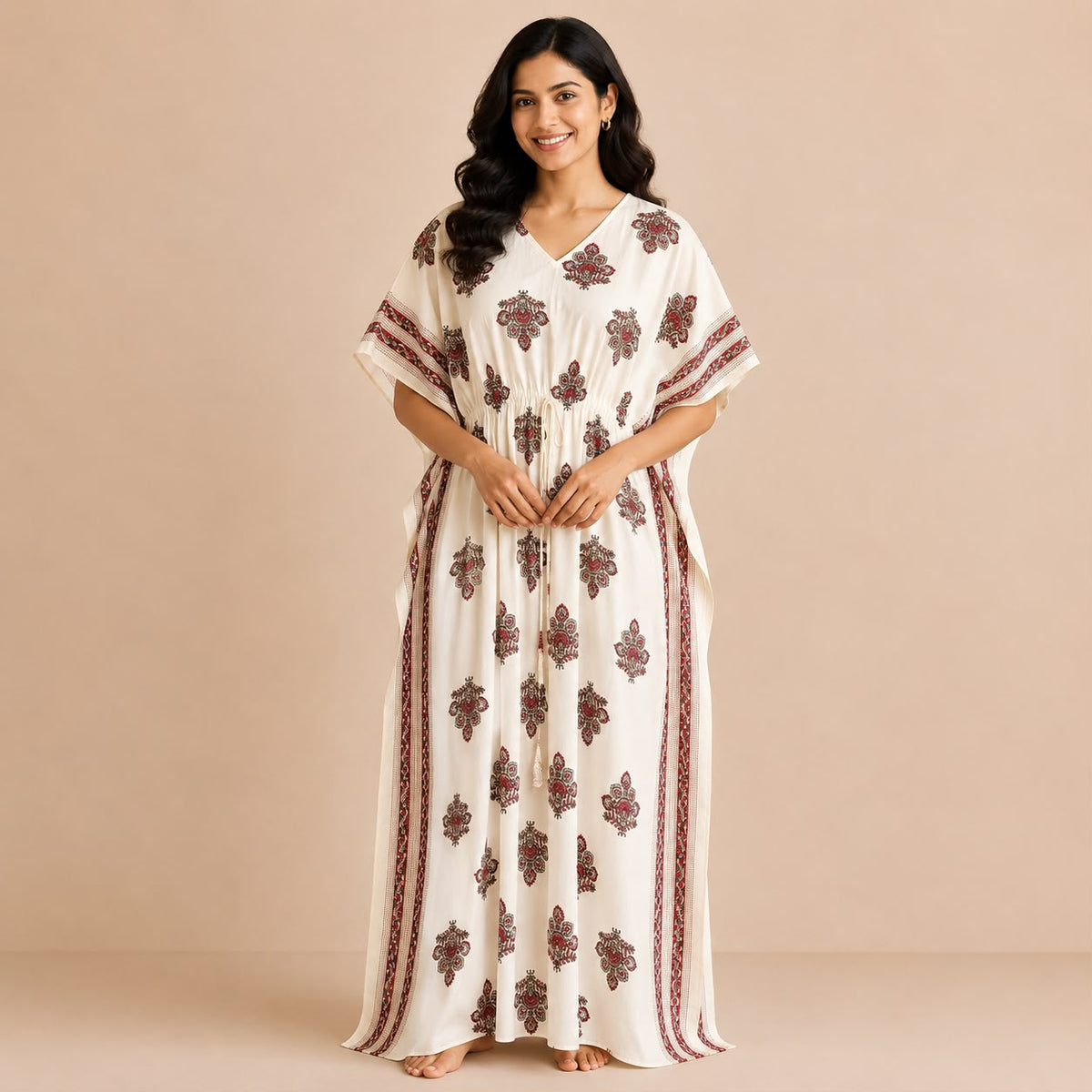 Red Floral Printed Ivory Premium Cotton Feeding Kaftan | Free Size | Chest Width 44″| Length 56″