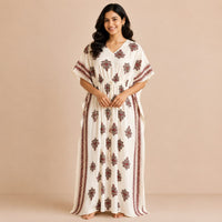 Red Floral Printed Ivory Premium Cotton Feeding Kaftan | Free Size | Chest Width 44″| Length 56″