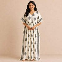 Violet Floral Printed Ivory Premium Cotton Feeding Kaftan | Free Size | Chest Width 44″| Length 56″