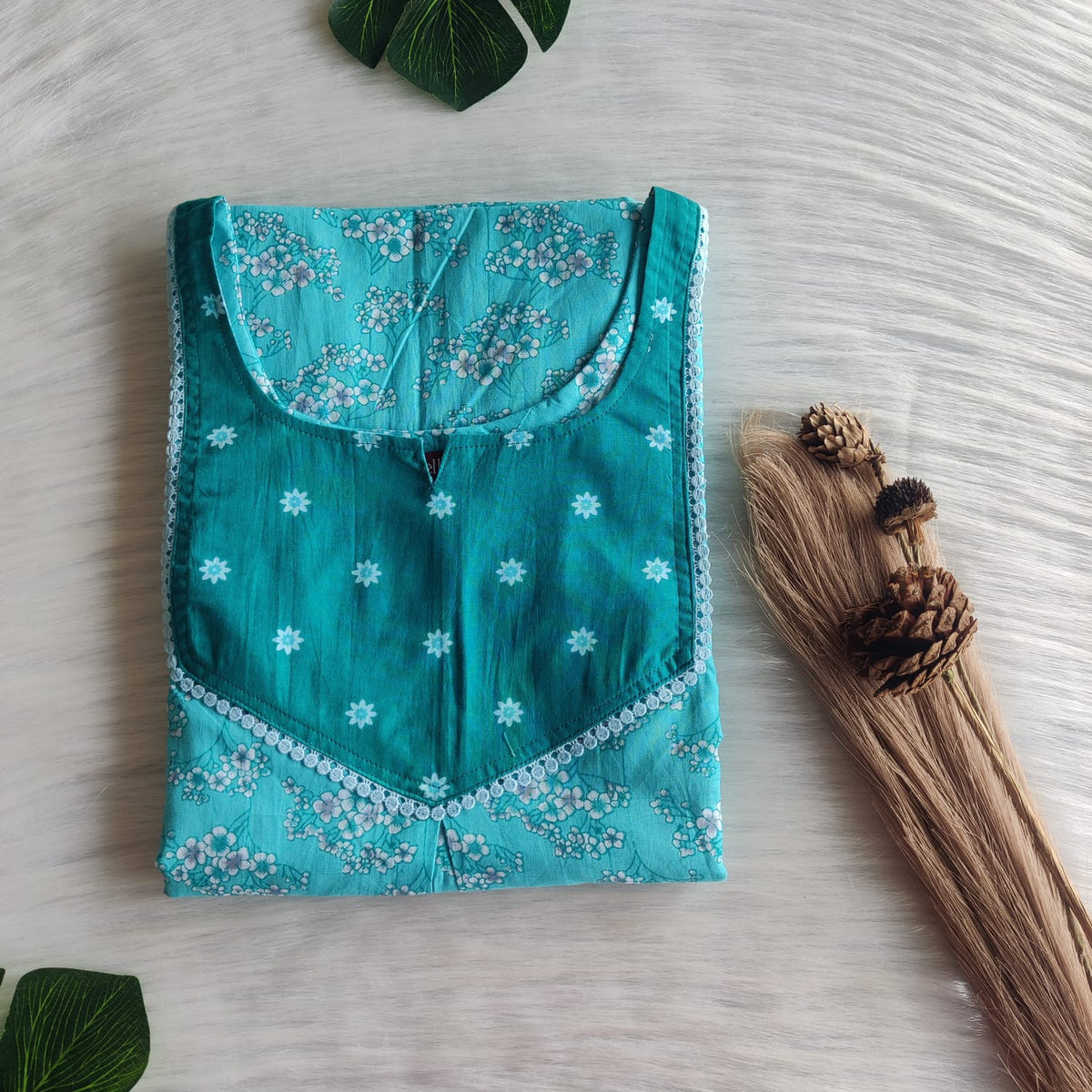 Dark And Pale Blue Floral Printed Premium Cotton Plus Size Mix N Match Lace Pocket Nighty | Chest Width 50″| Length 56″