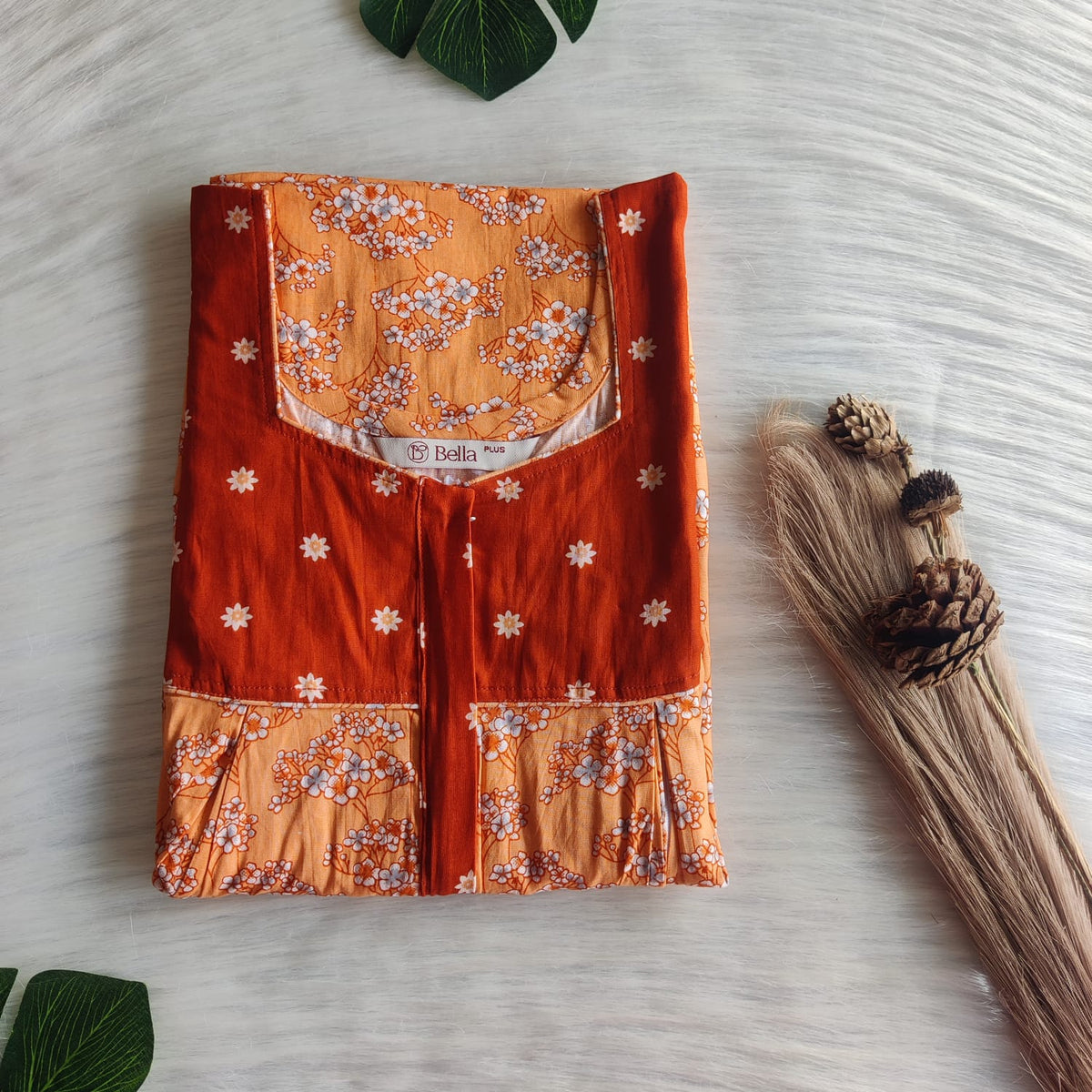 Brown And Orange Floral Printed Premium Cotton Plus Size Pleated Vertical Zip Feeding Nighty | Chest Width 50″| Length 56″