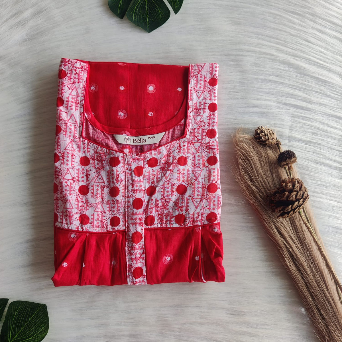 White And Red Printed Premium Cotton Plus Size Pleated Vertical Zip Feeding Nighty | Chest Width 50″| Length 56″