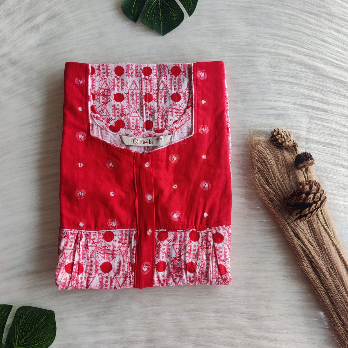 Red And White Dot Printed Premium Cotton Plus Size Pleated Vertical Zip Feeding Nighty | Chest Width 50″| Length 56″