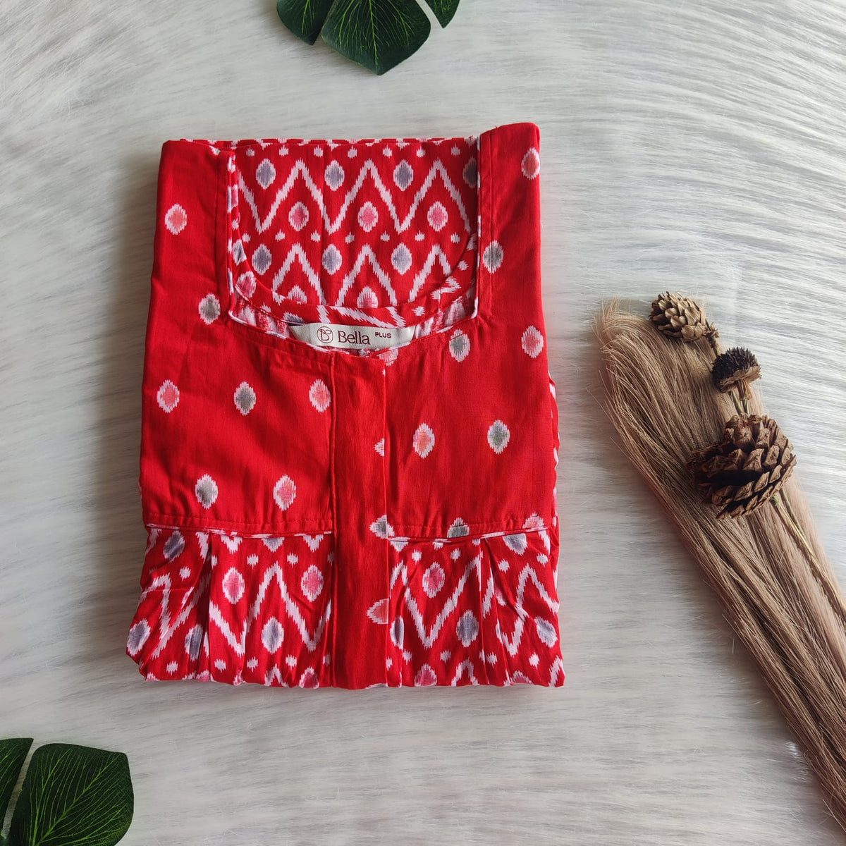 Red And Grey Ikat Printed Premium Cotton Plus Size Pleated Vertical Zip Feeding Nighty | Chest Width 50″| Length 56″
