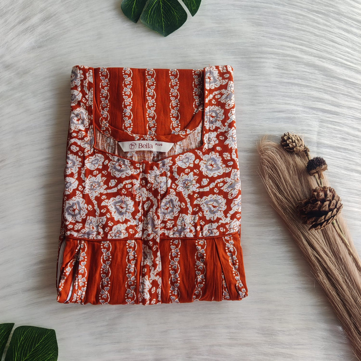 White And Brown Printed Premium Cotton Plus Size Pleated Vertical Zip Feeding Nighty | Chest Width 50″| Length 56″