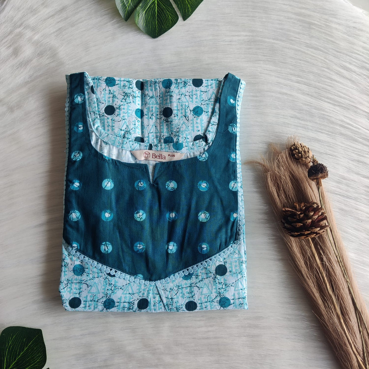 Dark And Pale Blue Dot Printed Premium Cotton Plus Size Mix N Match Lace Pocket Nighty | Chest Width 50″| Length 56″
