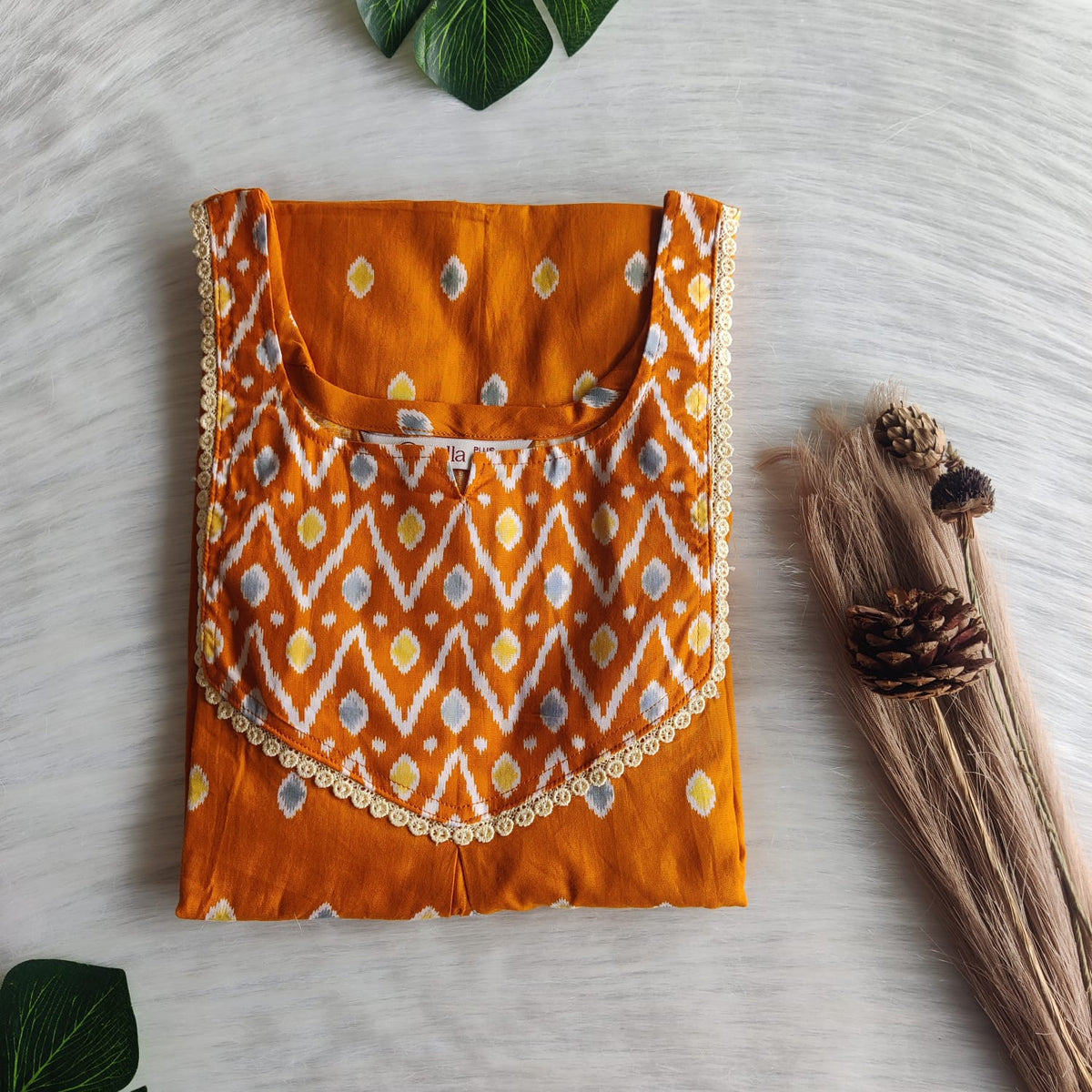 Grey And Orange ikat Printed Premium Cotton Plus Size Mix N Match Lace Pocket Nighty | Chest Width 50″| Length 56″