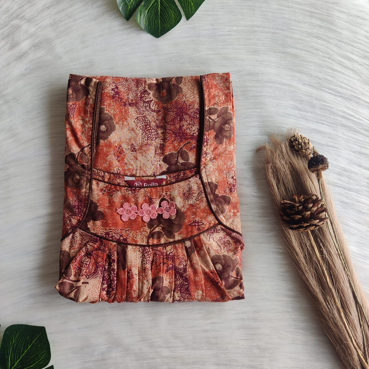 Brown Floral Printed Premium Cotton Three Flower Nighty |Free Size | Chest Width 44"| Length 54"-55"