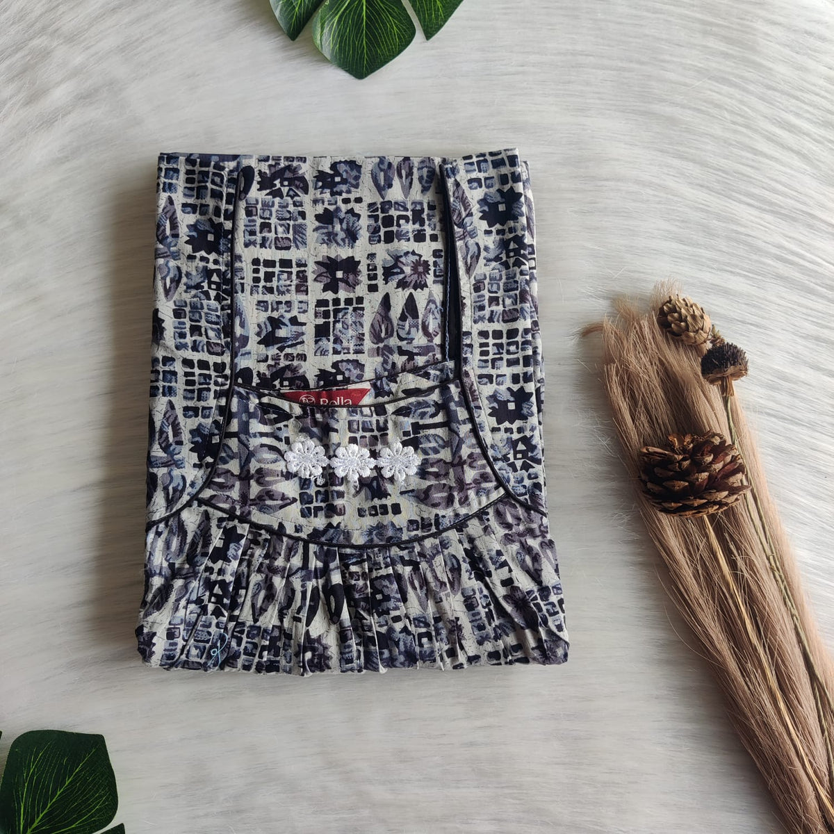 Grey And Black Premium Cotton Three Flower Nighty |Free Size | Chest Width 44"| Length 54"-55"