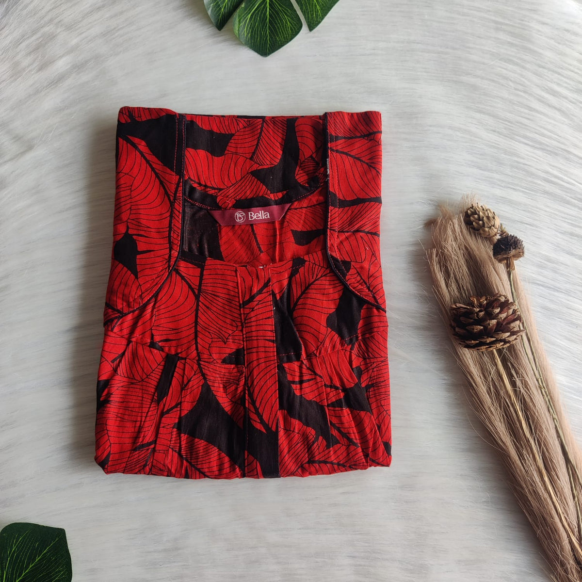 Garage Sale - Red Leaf Printed Alfine Pleated Zip Nighty | Free Size | Chest Width 44″| Length 54″-55″