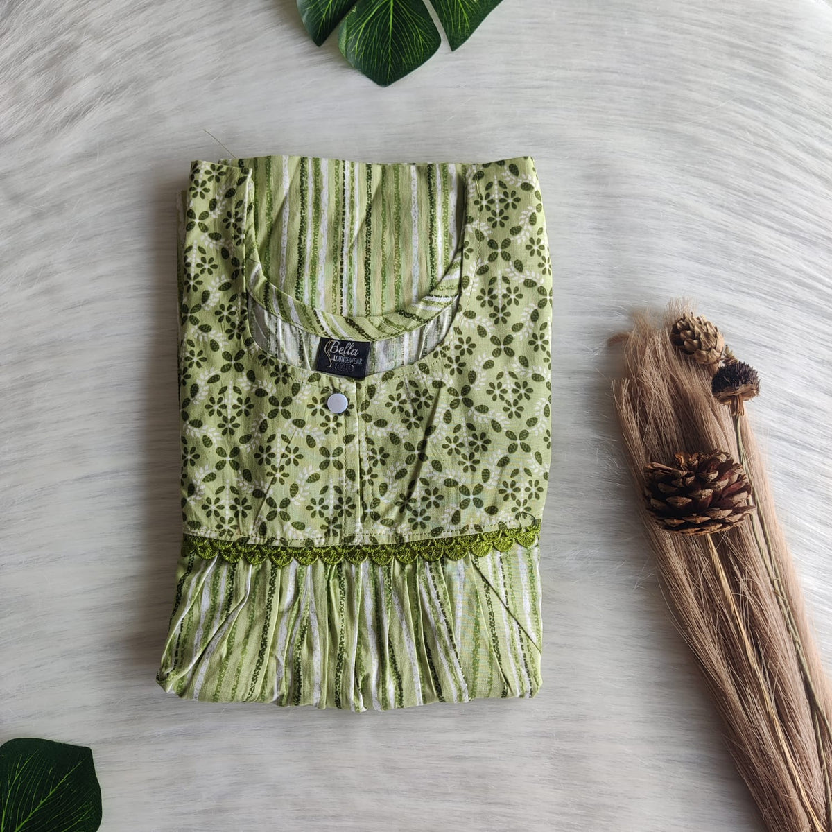 Garage Sale - Green Stripes Printed Premium Cotton Lace Nighty | Free Size | Chest Width 44″| Length 54″-56″