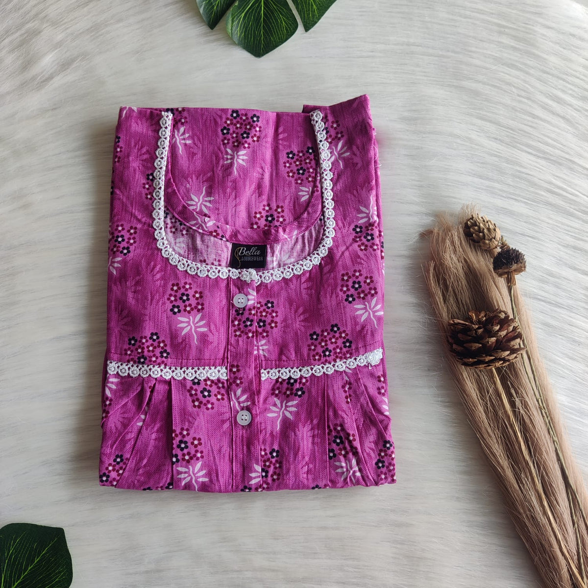Garage Sale - Pink Floral Printed Premium Cotton Lace Button Nighty | Free Size | Chest Width 44"| Length 54"-56"