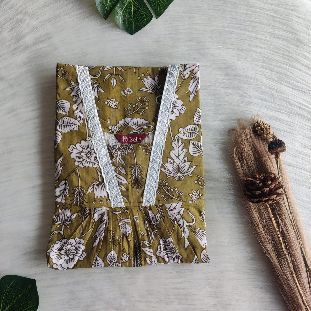 White Floral Printed Green Premium Cotton V-Neck Lace Pleated Nighty | No Zip | Free Size | Chest Width 44″| Length 56″