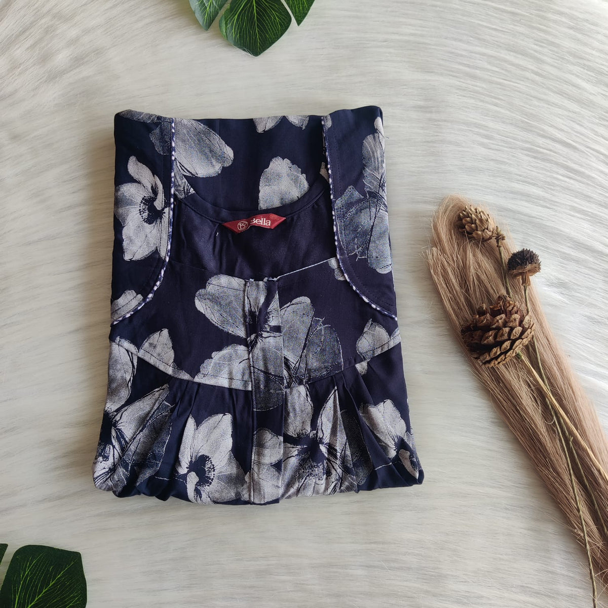 Navy Blue Floral Printed Rayon Pleated Zip Nighty | Free Size | Chest Width 44″| Length 54″-55″