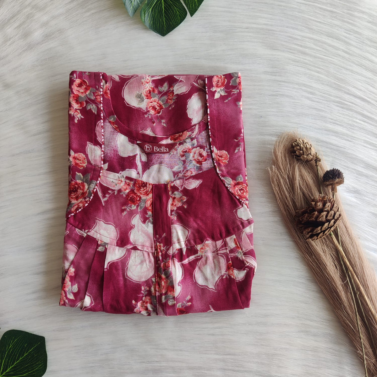 Mauve Floral Printed Rayon Pleated Zip Nighty | Free Size | Chest Width 44″| Length 54″-55″