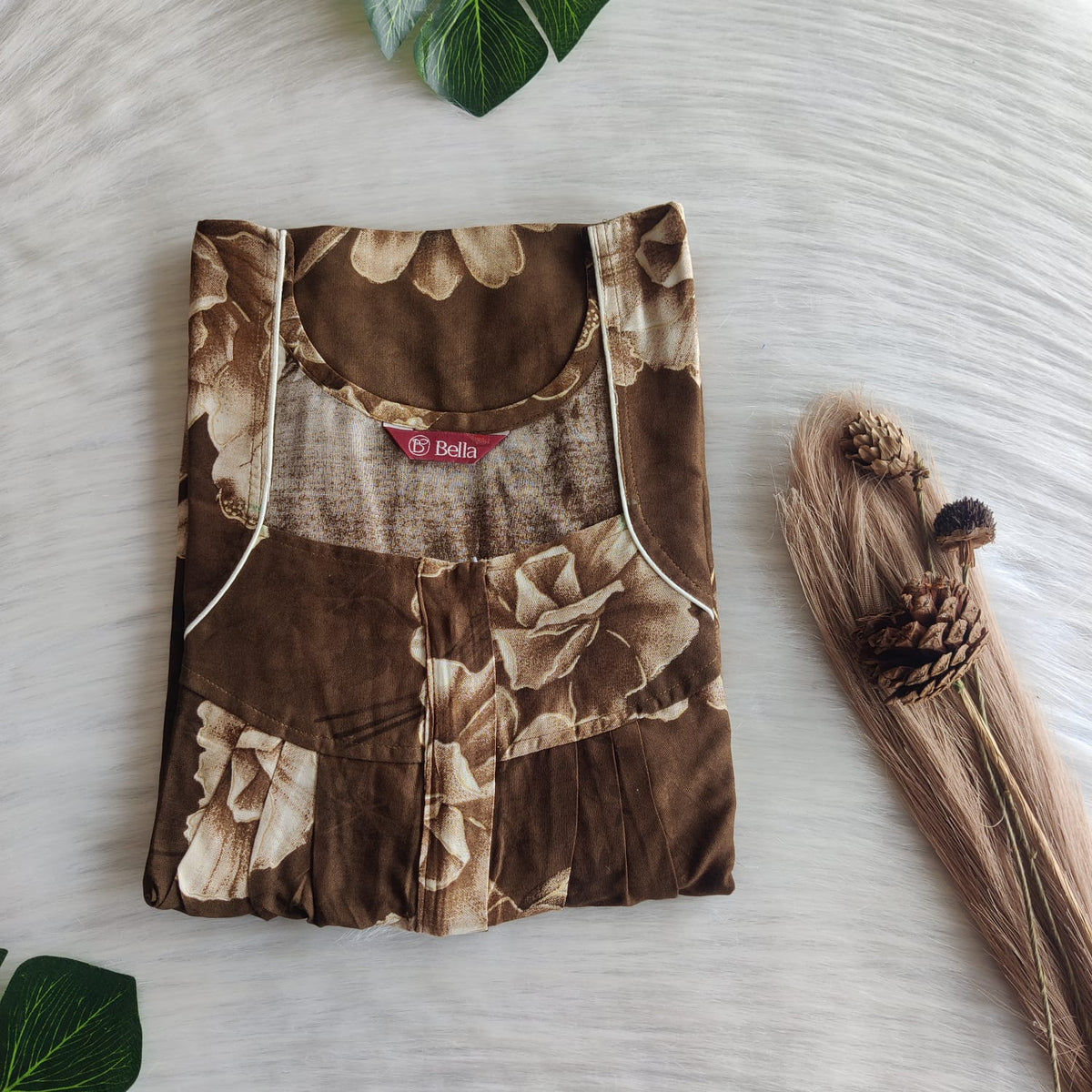 Olive Green Floral Printed Rayon Pleated Zip Nighty | Free Size | Chest Width 44″| Length 54″-55″