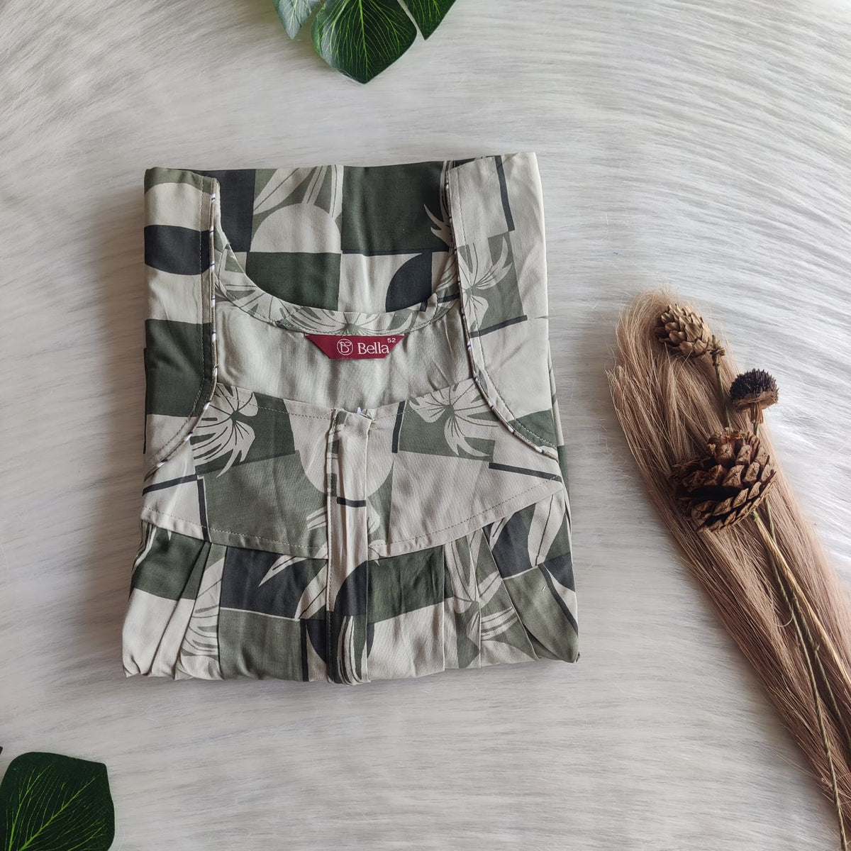 Pastel Green Printed Rayon Pleated Zip Nighty | Free Size | Chest Width 44″| Length 54″-55″