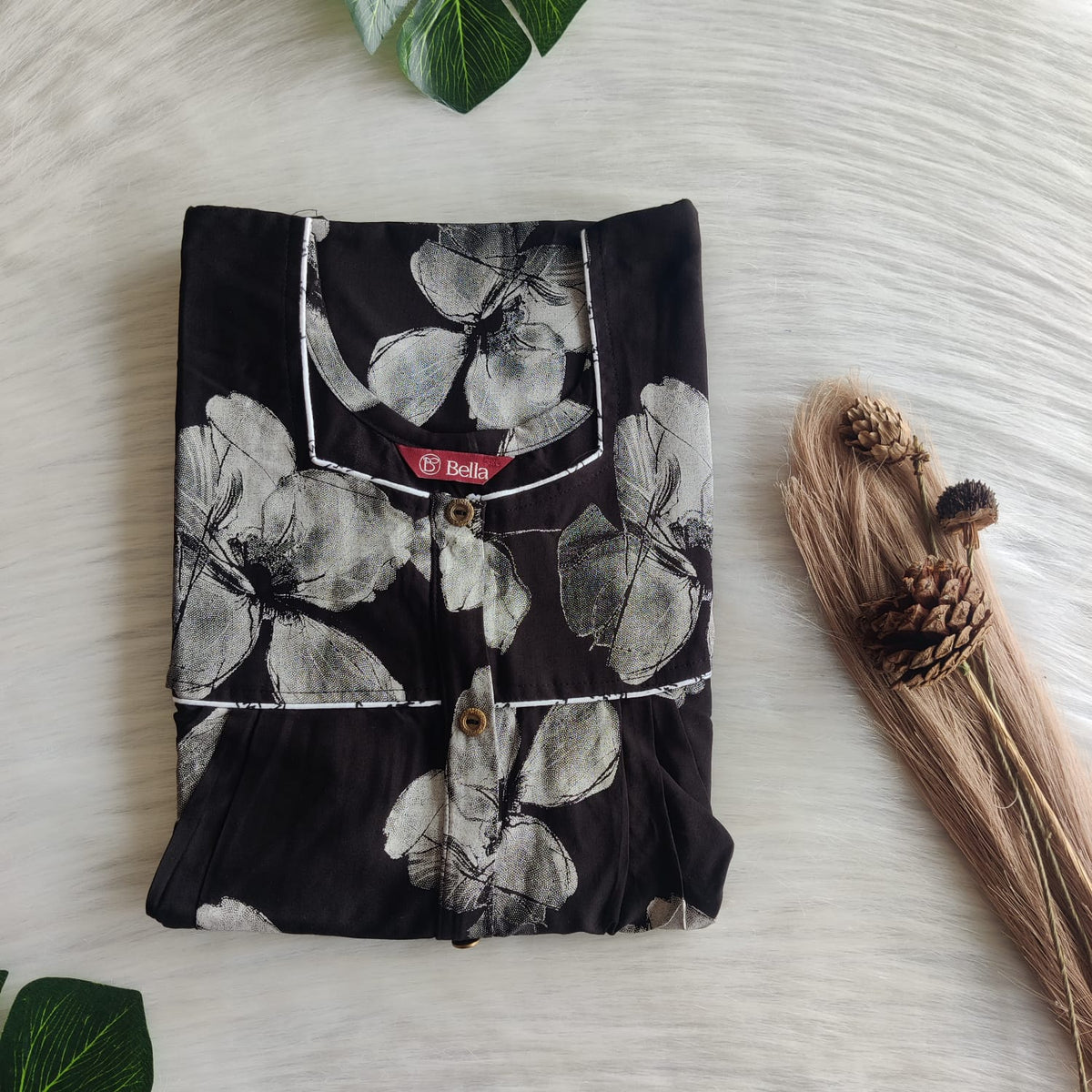 Black Floral Printed Rayon Button Zip Nighty | Free Size | Chest Width 44″| Length 55″-56″