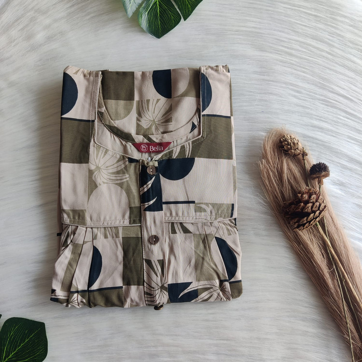 Pastel Green And Black Printed Rayon Button Zip Nighty | Free Size | Chest Width 44″| Length 55″-56″
