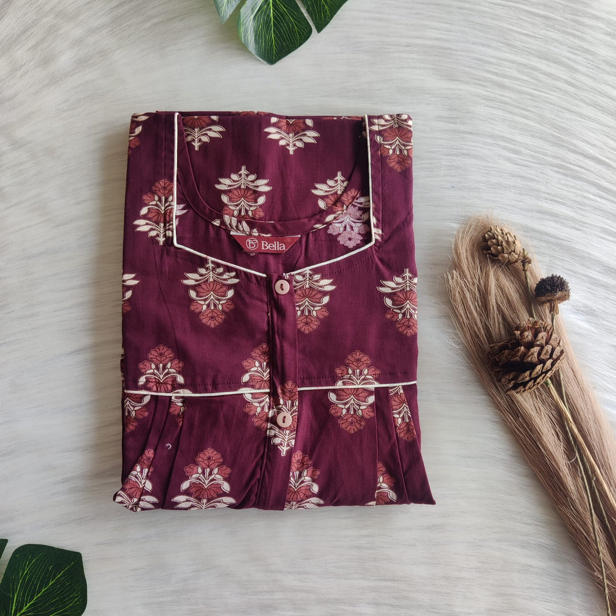 Maroon And Cream Printed Pure Cotton Button Zip Nighty | Free Size | Chest Width 44″| Length 55″-56″