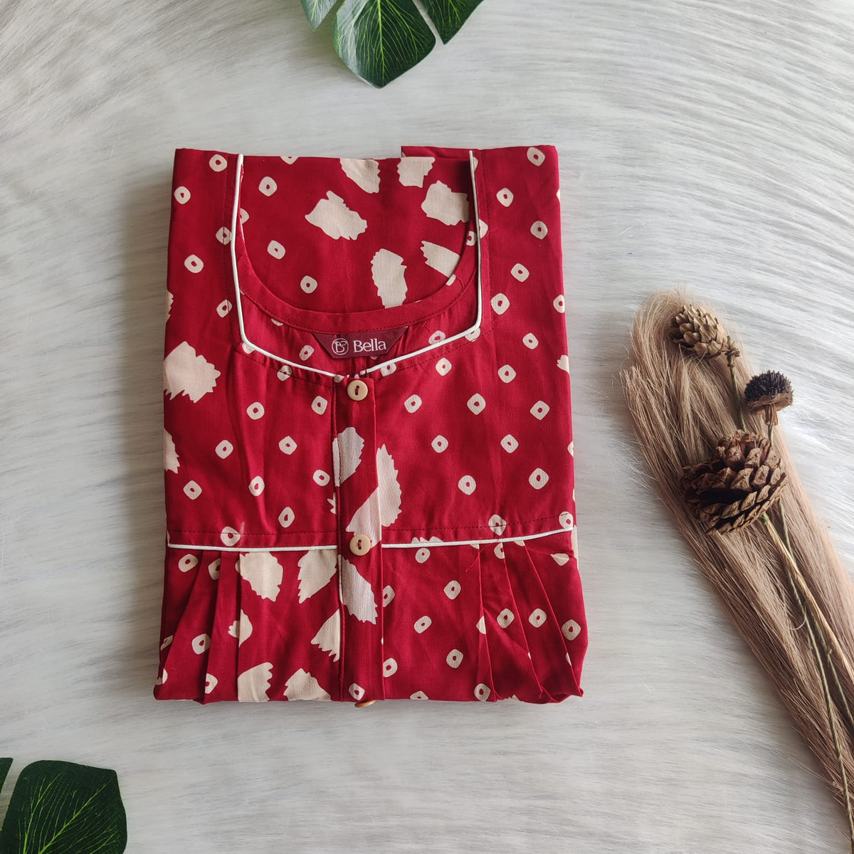 Red Bandhani Printed Pure Cotton Button Zip Nighty | Free Size | Chest Width 44″| Length 55″-56″