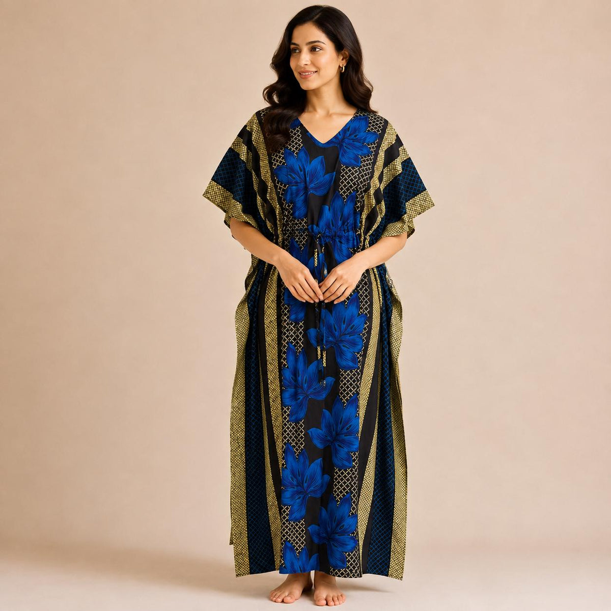 Navy-blue Floral Printed Premium Cotton Feeding Kaftan | Free Size | Chest Width 44″| Length 56″
