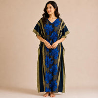 Navy-blue Floral Printed Premium Cotton Feeding Kaftan | Free Size | Chest Width 44″| Length 56″