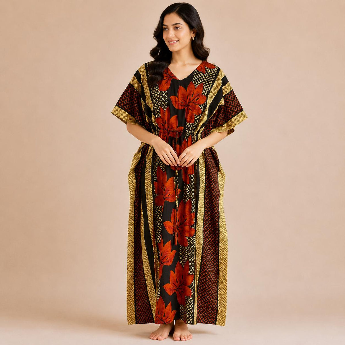 Rust Orange Floral Printed Premium Cotton Feeding Kaftan | Free Size | Chest Width 44″| Length 56″