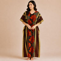 Rust Orange Floral Printed Premium Cotton Feeding Kaftan | Free Size | Chest Width 44″| Length 56″