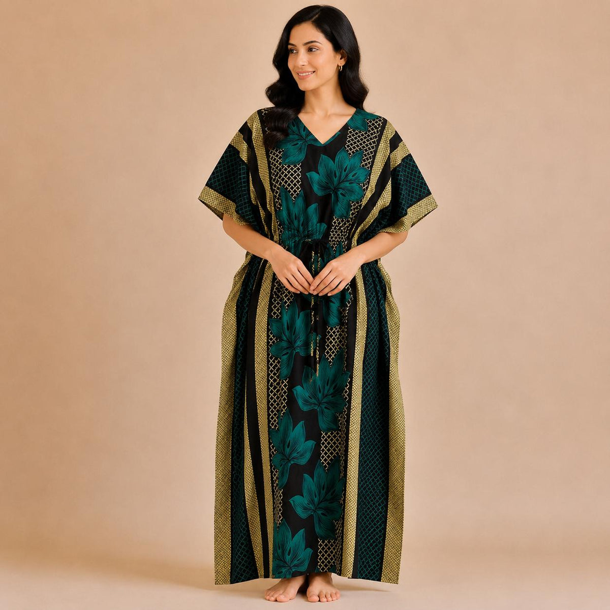 Teal Green Floral Printed Premium Cotton Feeding Kaftan | Free Size | Chest Width 44″| Length 56″