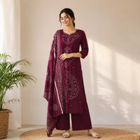 Wine Bandhani Printed Cotton 3 Piece Set